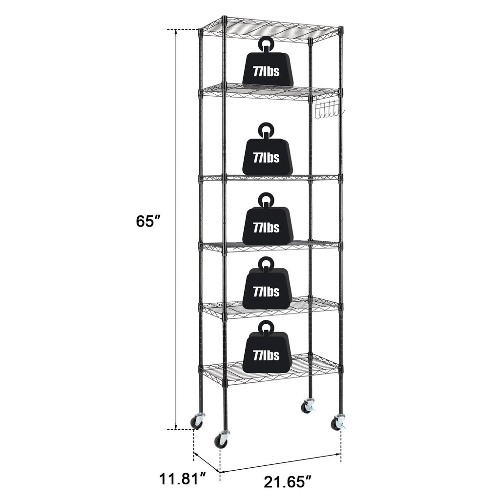6-Tier Adjustable Carbon Steel Storage Rack with Wheels and Hooks