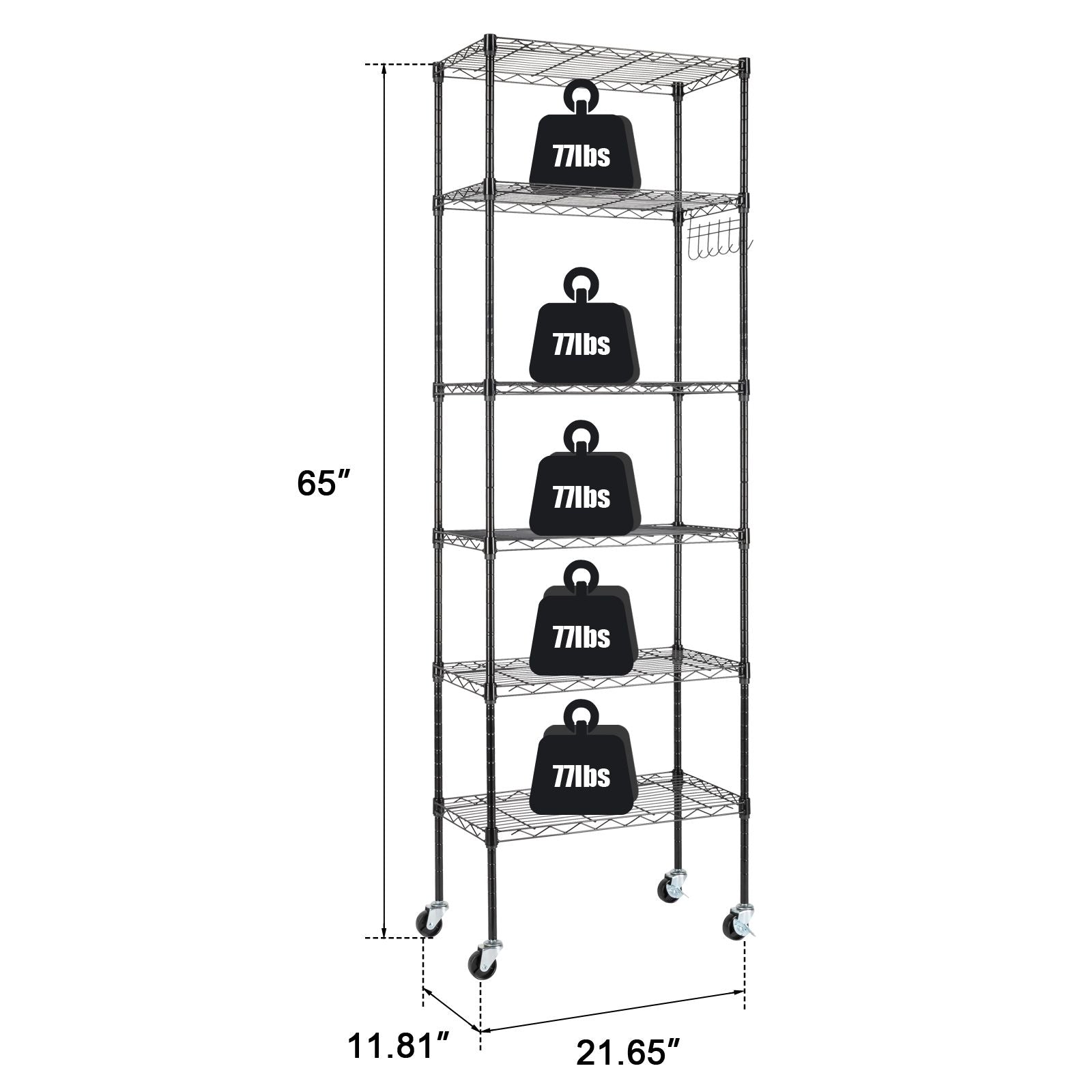 6-Tier Adjustable Carbon Steel Storage Rack with Wheels and Hooks