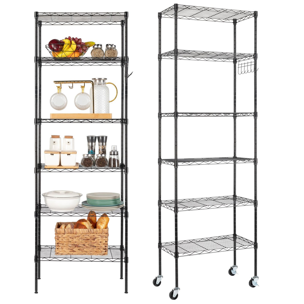 6-Tier Adjustable Carbon Steel Storage Rack with Wheels and Hooks