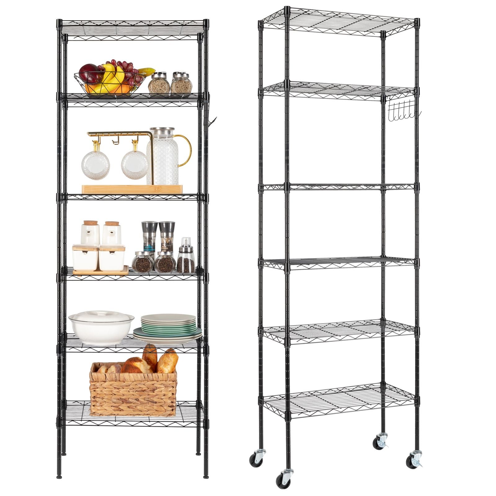 6-Tier Adjustable Carbon Steel Storage Rack with Wheels and Hooks