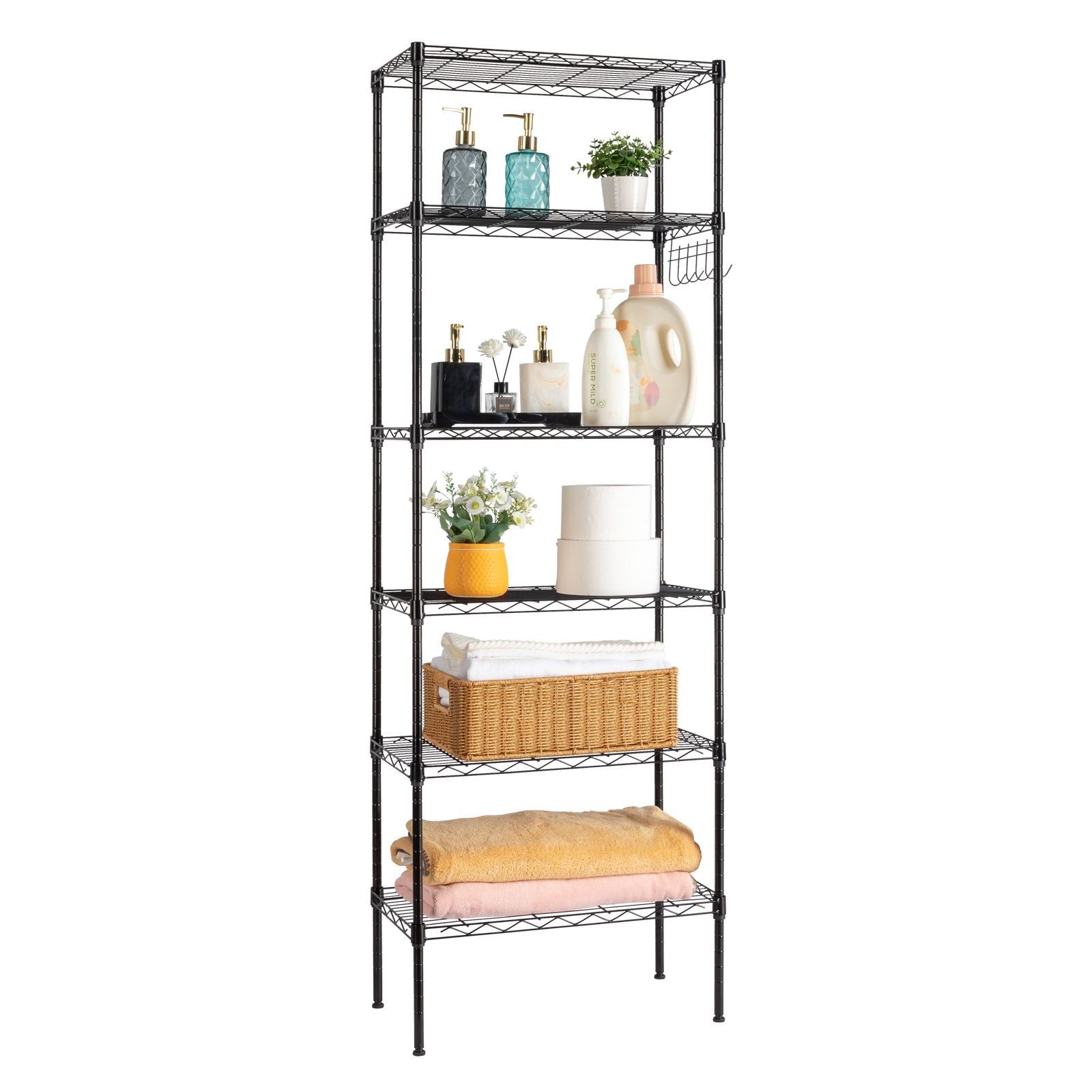 6-Tier Adjustable Carbon Steel Storage Rack with Wheels and Hooks