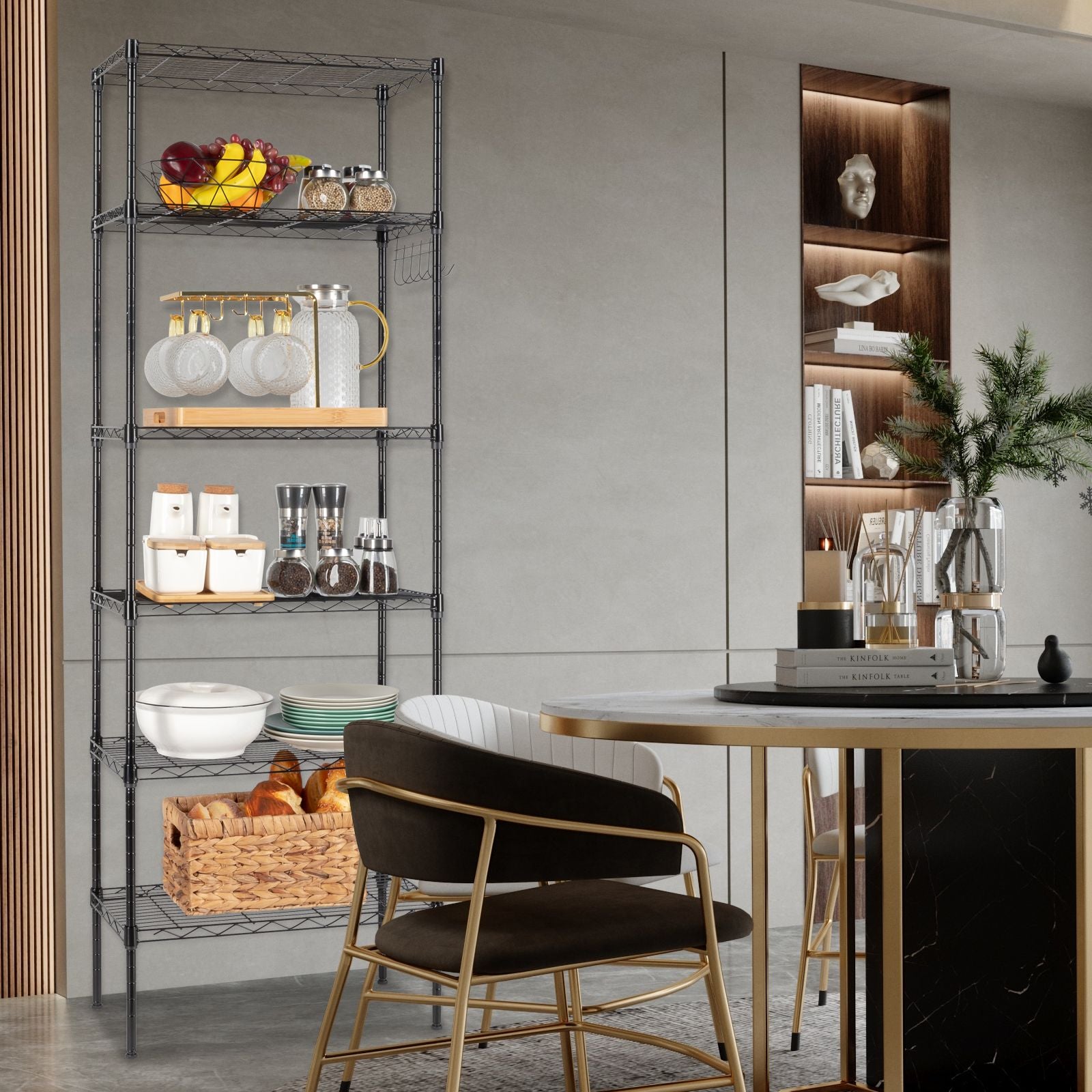 6-Tier Adjustable Carbon Steel Storage Rack with Wheels and Hooks