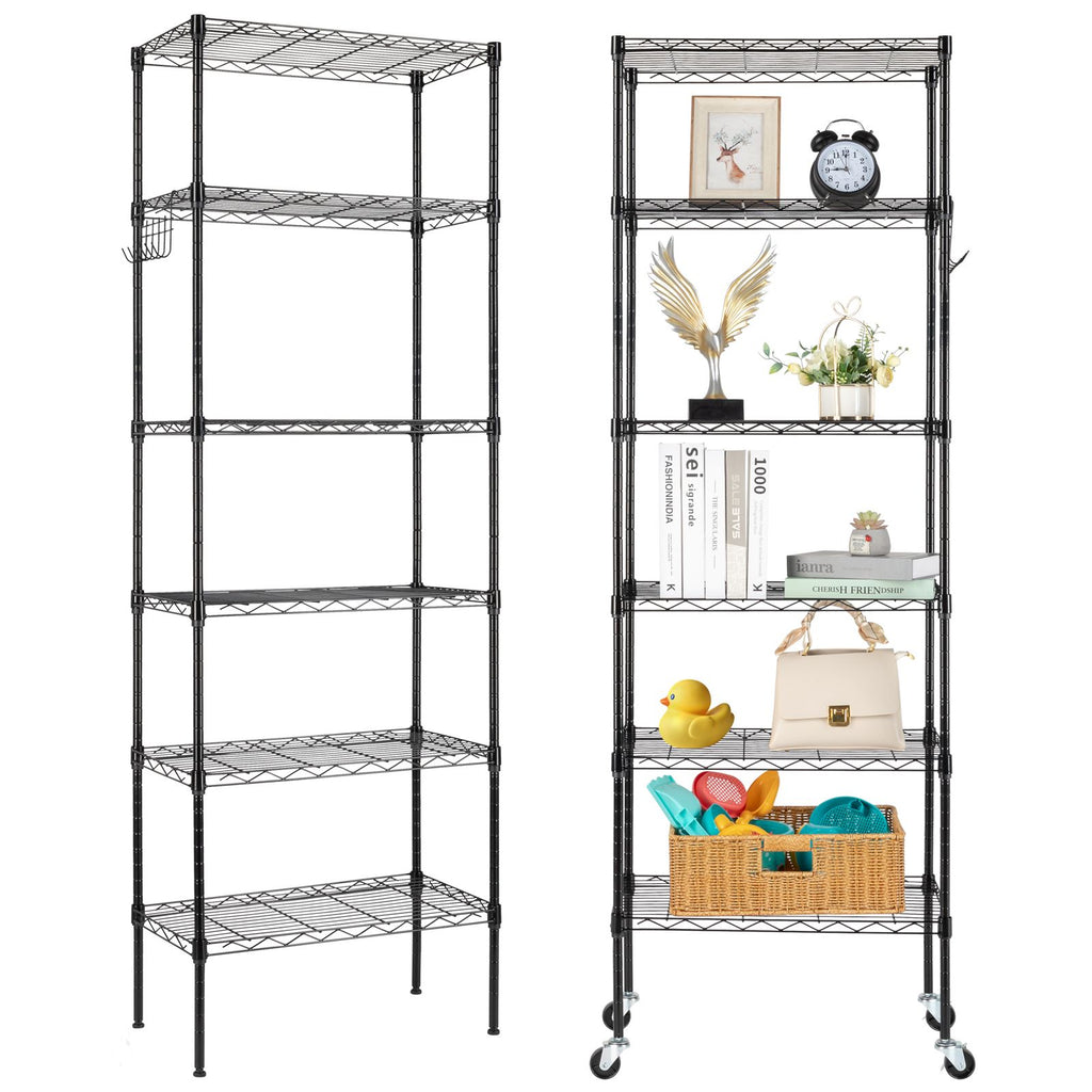 6-Tier Adjustable Carbon Steel Storage Rack with Wheels and Hooks