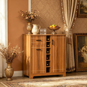 Retro Wine Cabinet Brown Sideboard Serving Bar with Glass Holders 1 Drawer for 6 Bottles