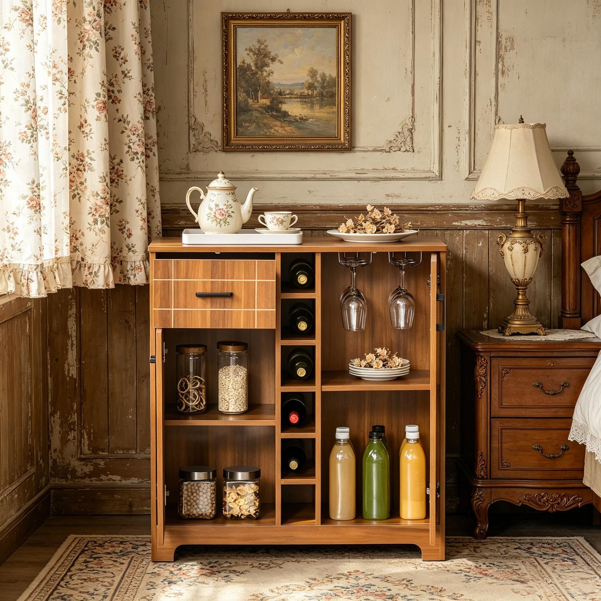 Retro Wine Cabinet Brown Sideboard Serving Bar with Glass Holders 1 Drawer for 6 Bottles
