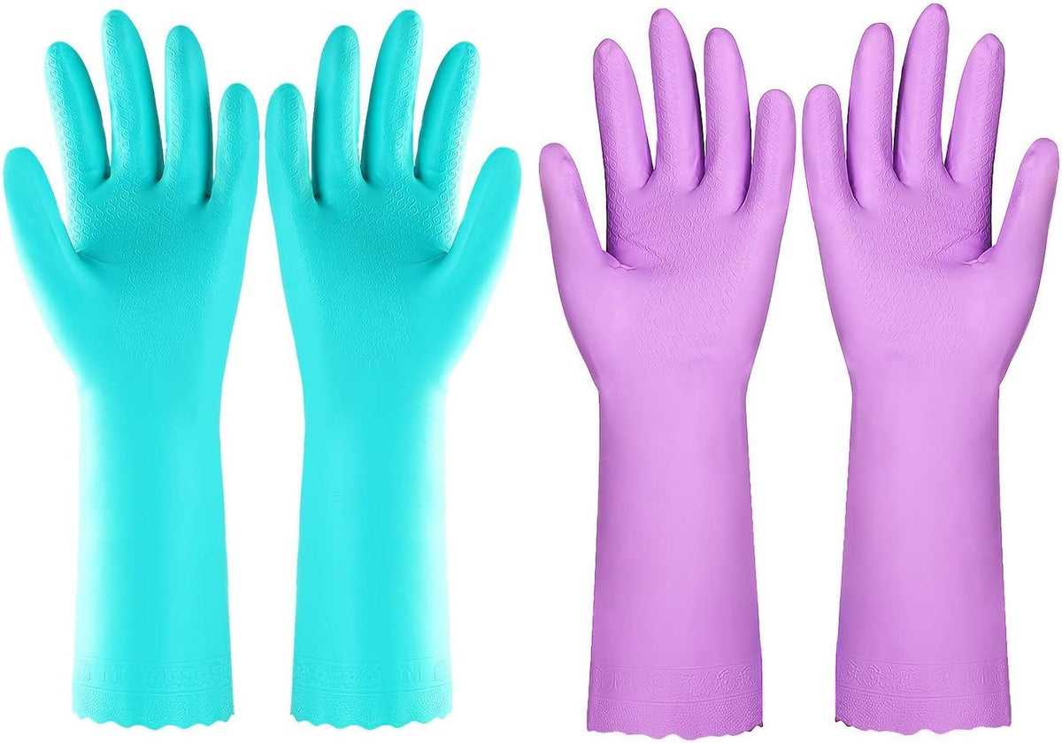 Reusable Dishwashing Gloves – Latex-Free, Cotton-Lined, Non-Slip (2 Pairs, Purple+Blue Medium)