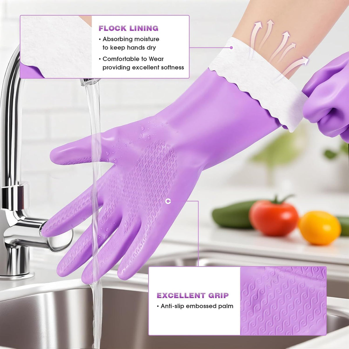 Reusable Dishwashing Gloves – Latex-Free, Cotton-Lined, Non-Slip (2 Pairs, Purple+Blue Medium)