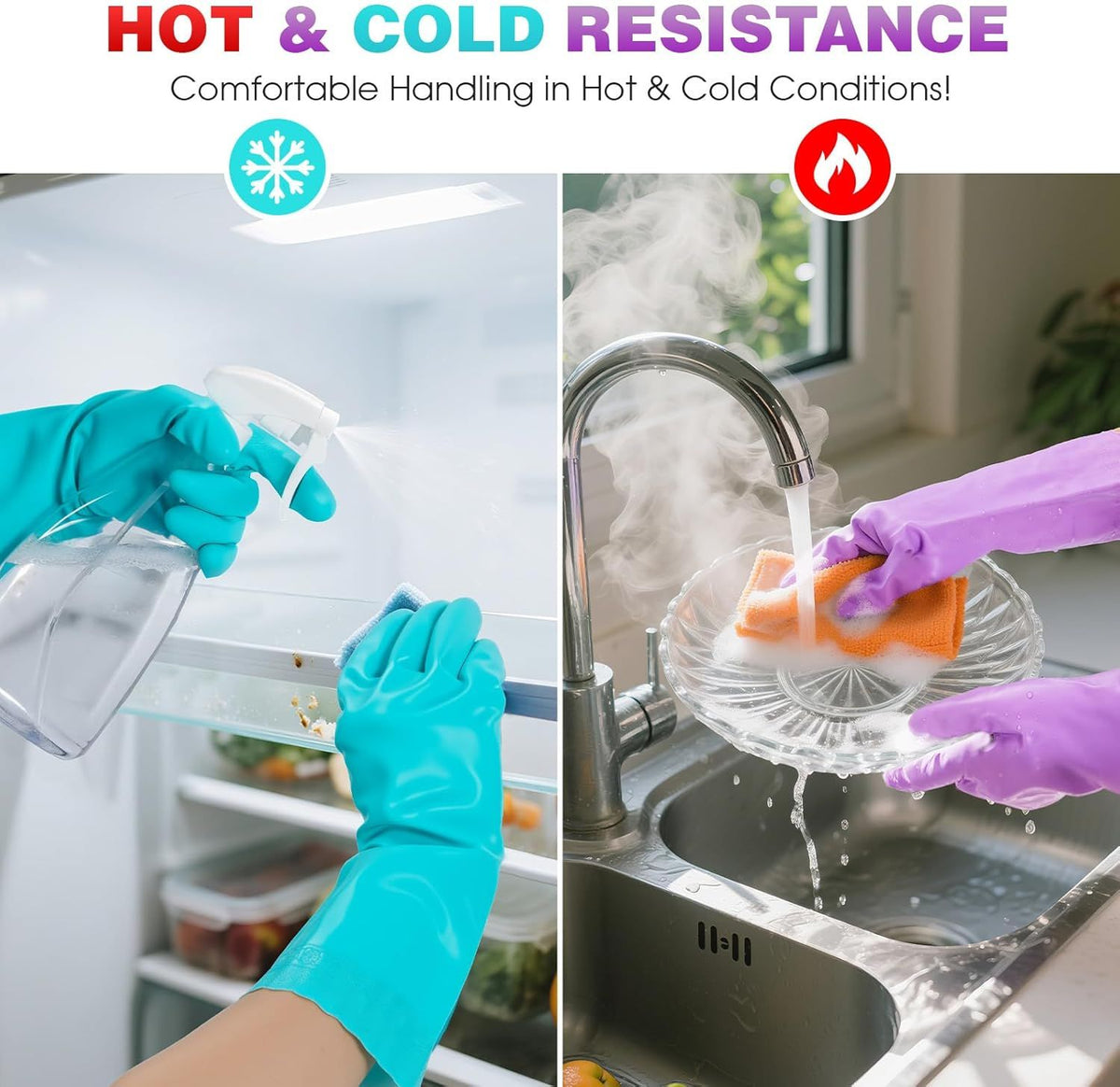 Reusable Dishwashing Gloves – Latex-Free, Cotton-Lined, Non-Slip (2 Pairs, Purple+Blue Medium)