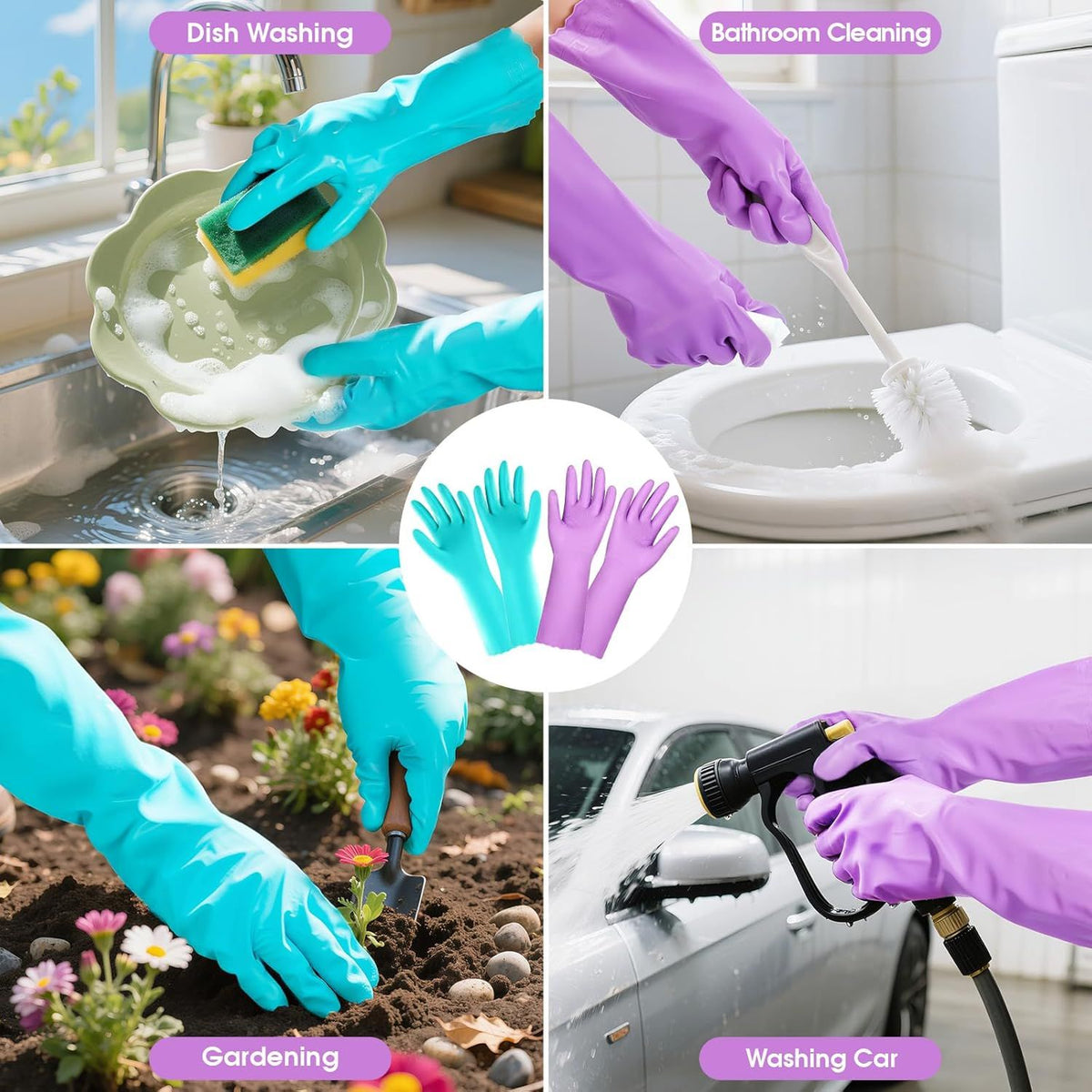 Reusable Dishwashing Gloves – Latex-Free, Cotton-Lined, Non-Slip (2 Pairs, Purple+Blue Medium)