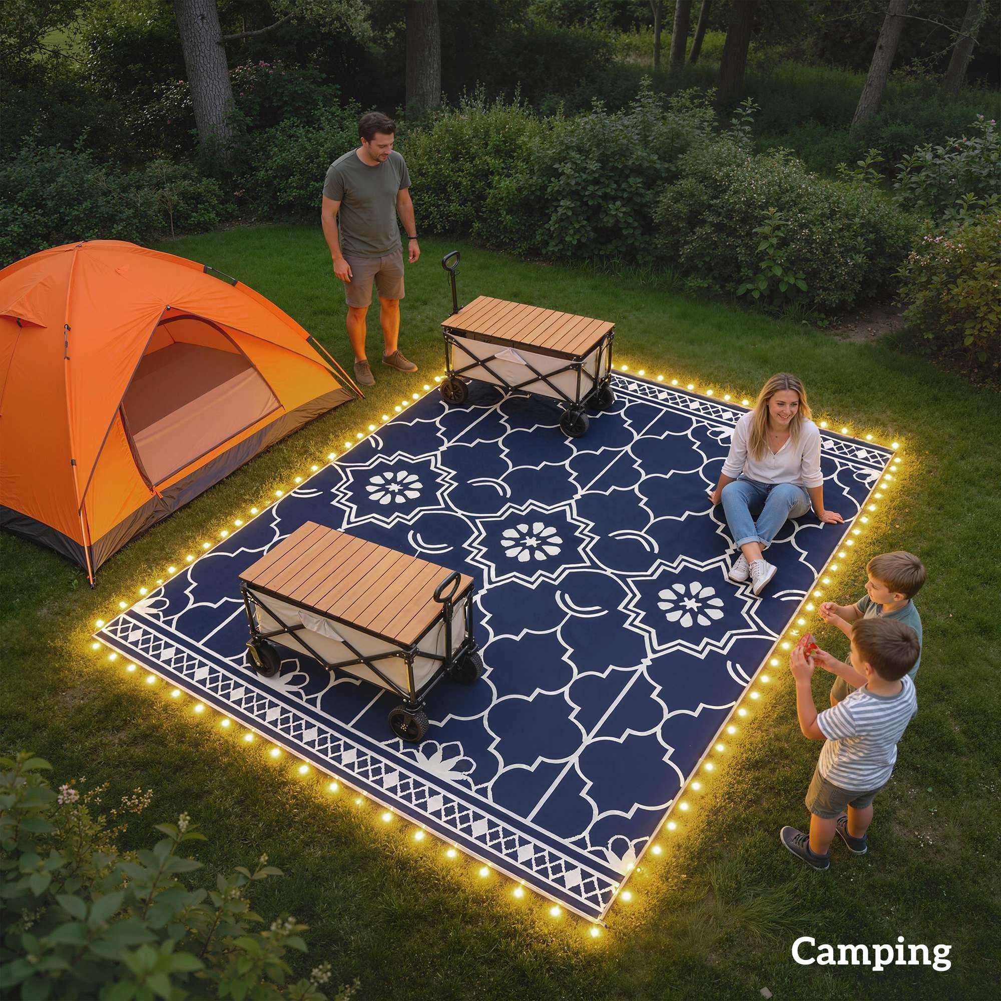 Reversible Lantern Outdoor Rug with String Lights