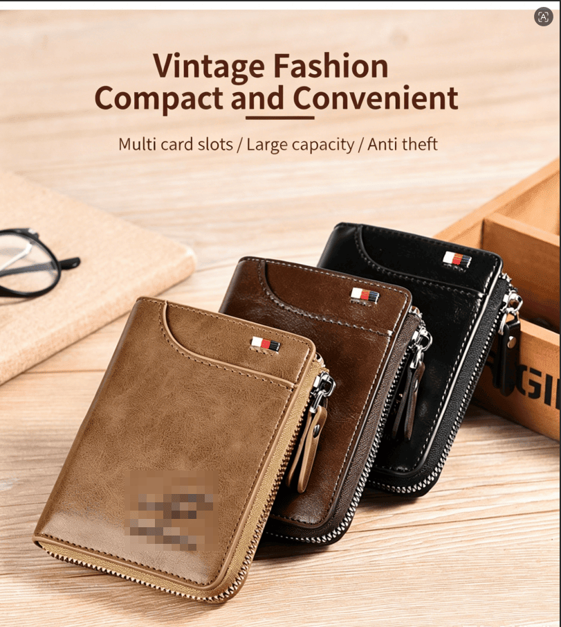 RFID Blocking Mini Zipper Card Wallet, Vintage Oil Wax Leather Credit Card Holder for Men