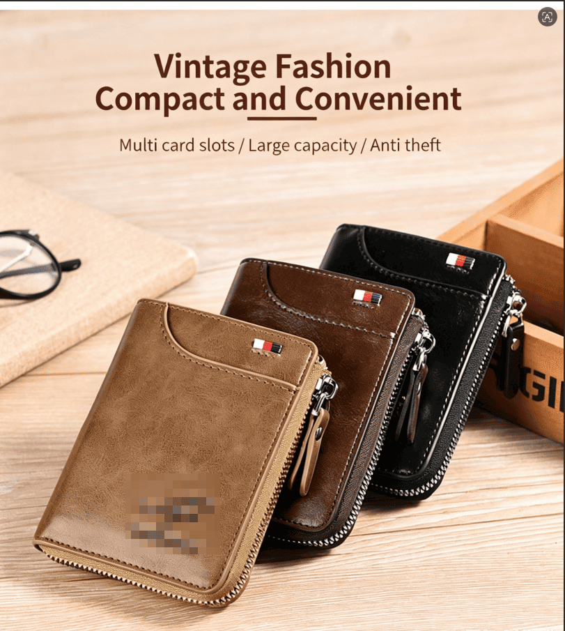 RFID Blocking Mini Zipper Card Wallet, Vintage Oil Wax Leather Credit Card Holder for Men