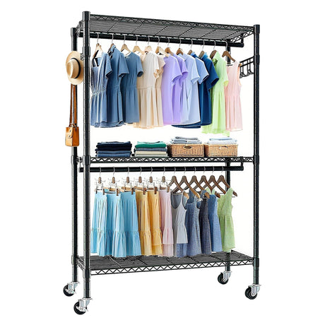 Rolling Clothes Rack with Two Hanging Rods and Side Hooks