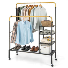 Rolling Double-Rod Garment Rack with Adjustable Hanging Space