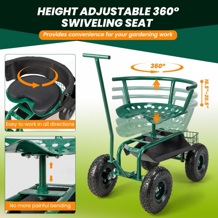 Rolling Garden Cart with Height-Adjustable Swivel Seat and Backrest Storage