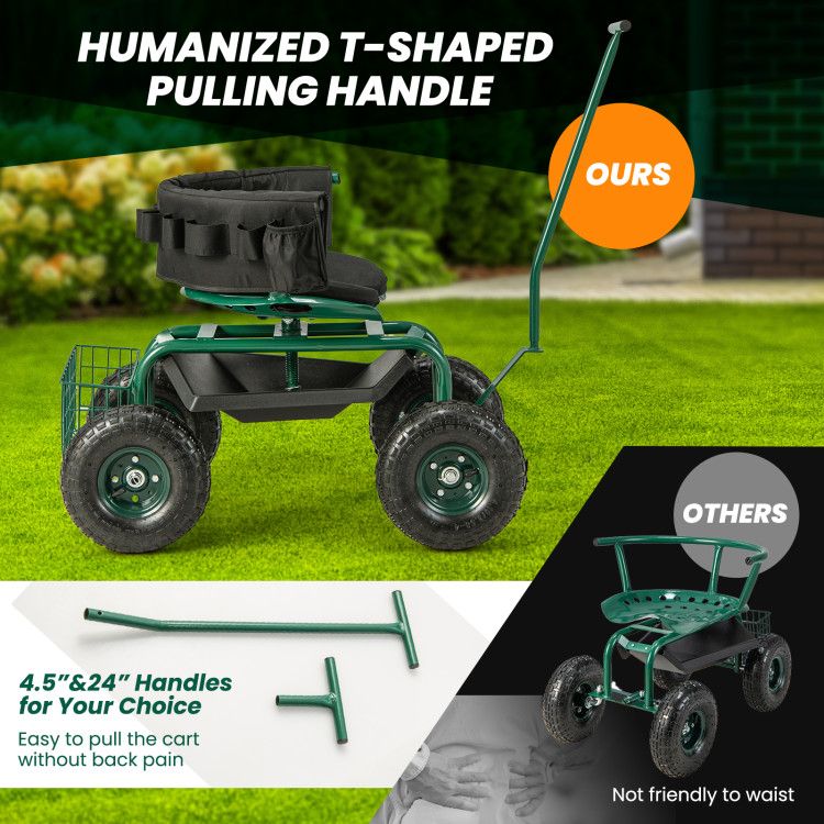 Rolling Garden Cart with Height-Adjustable Swivel Seat and Backrest Storage