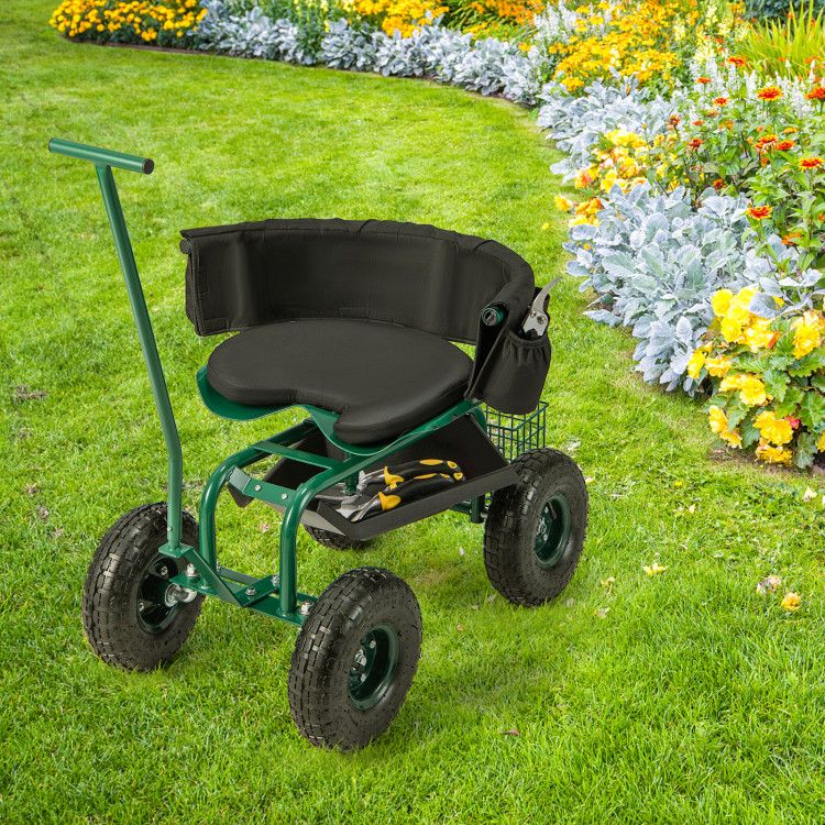 Rolling Garden Cart with Height-Adjustable Swivel Seat and Backrest Storage