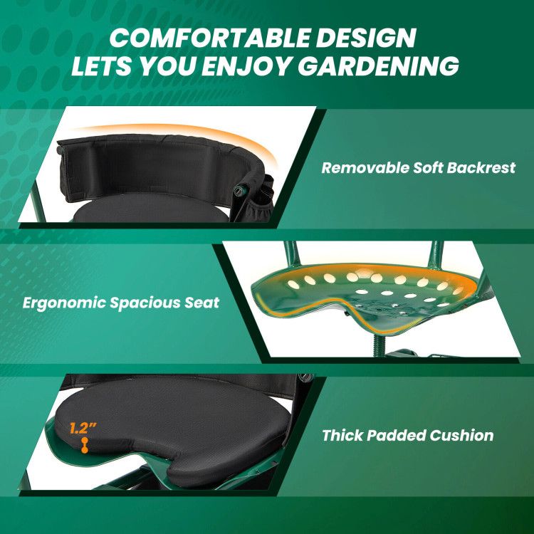 Rolling Garden Cart with Height-Adjustable Swivel Seat and Backrest Storage