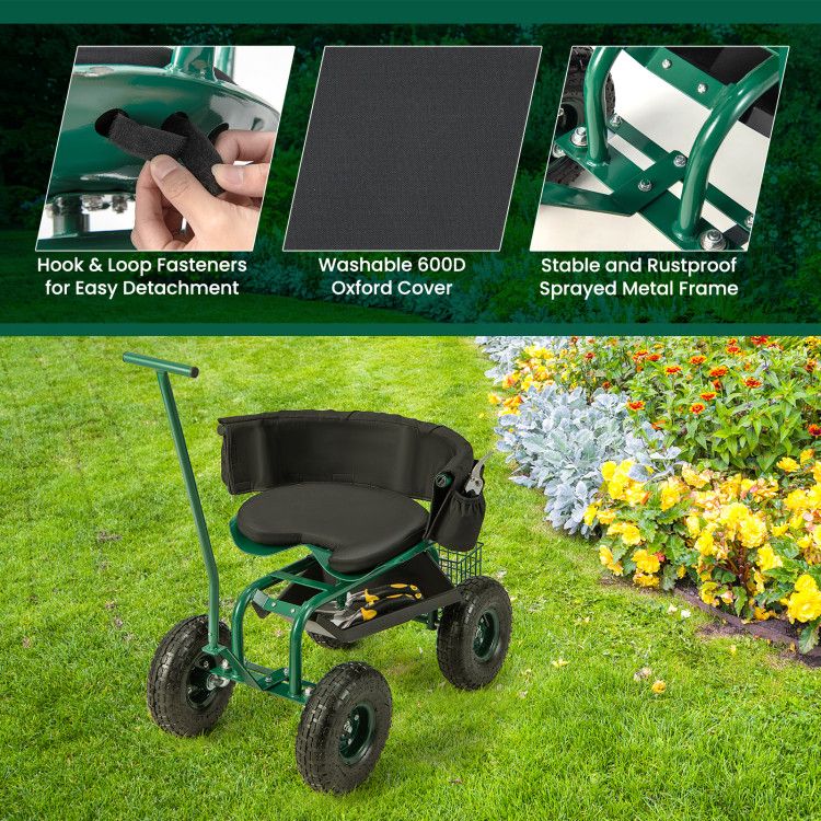 Rolling Garden Cart with Height-Adjustable Swivel Seat and Backrest Storage