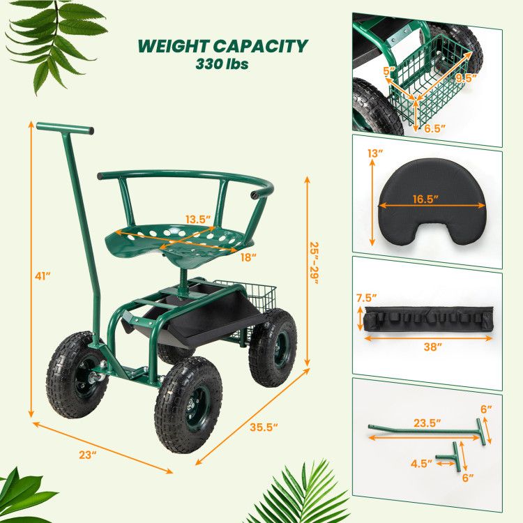 Rolling Garden Cart with Height-Adjustable Swivel Seat and Backrest Storage