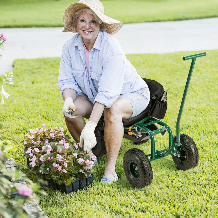 Rolling Garden Cart with Height-Adjustable Swivel Seat and Backrest Storage