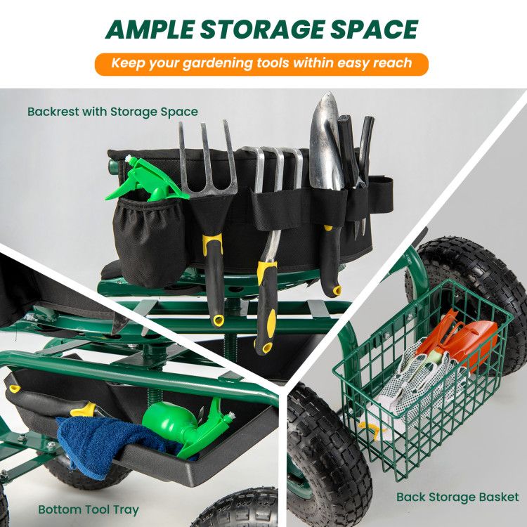 Rolling Garden Cart with Height-Adjustable Swivel Seat and Backrest Storage