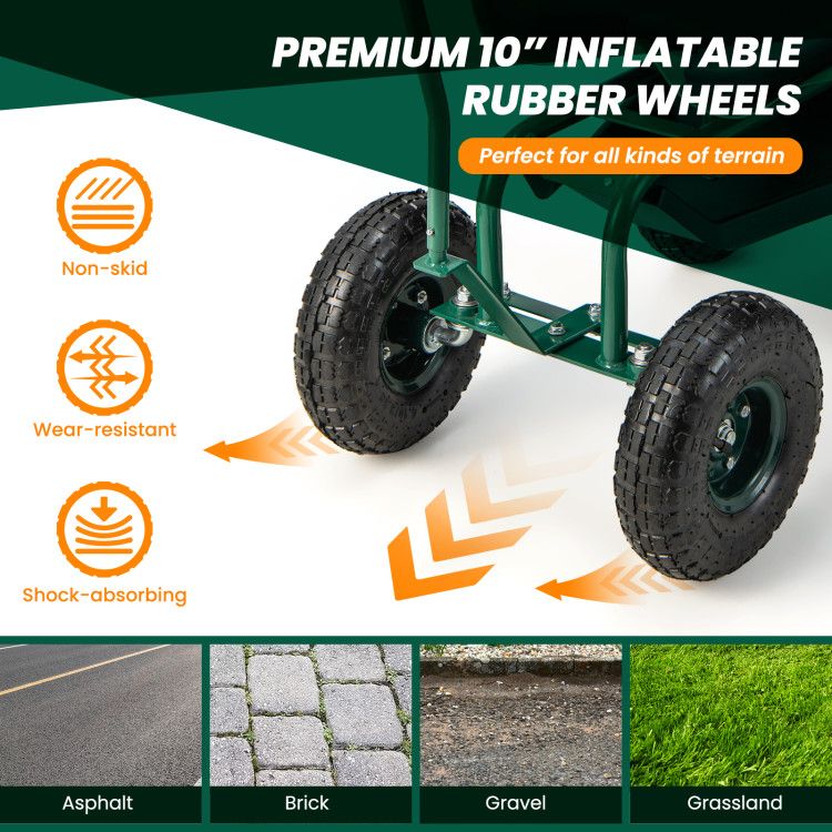 Rolling Garden Cart with Height-Adjustable Swivel Seat and Backrest Storage