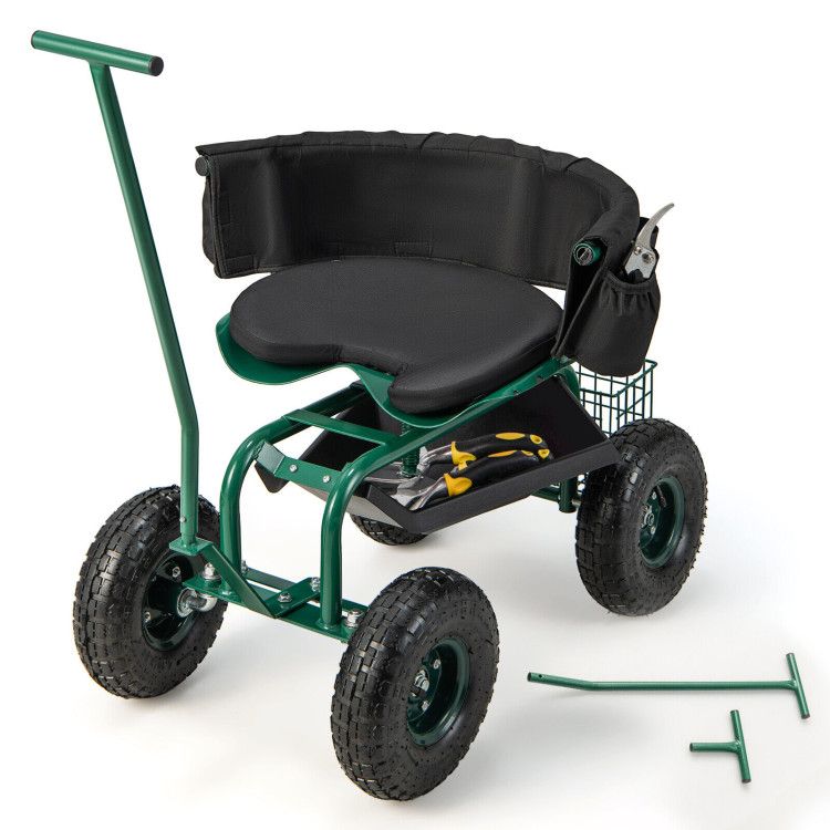 Rolling Garden Cart with Height-Adjustable Swivel Seat and Backrest Storage