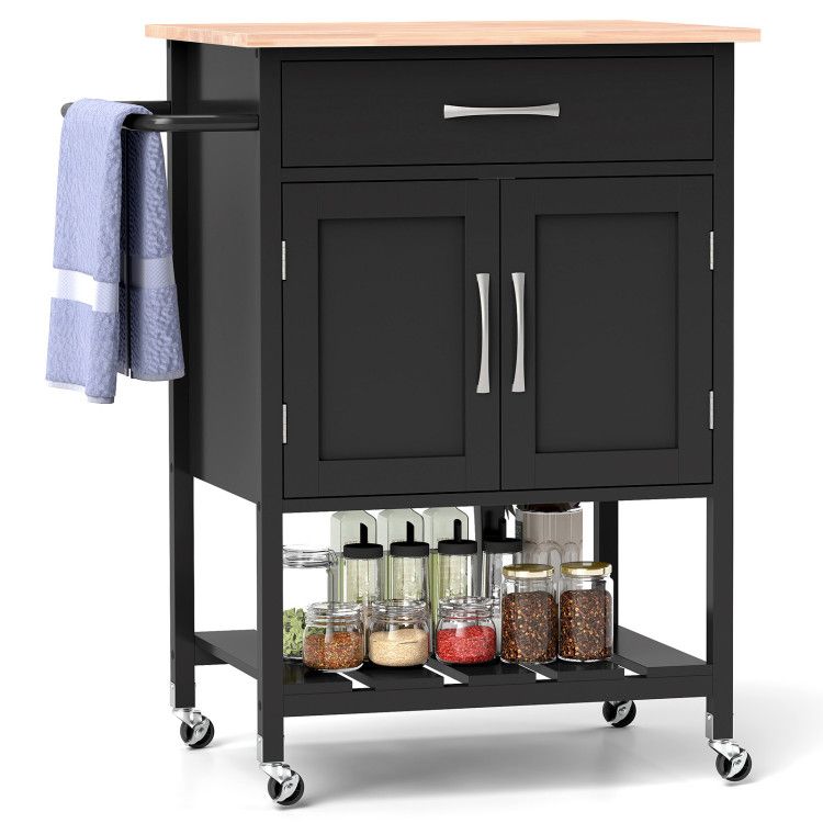 Rolling Kitchen Island Cart with Drawer and Towel Rack - Black