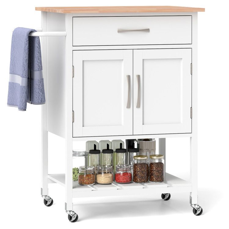 Rolling Kitchen Island Cart with Drawer and Towel Rack - White
