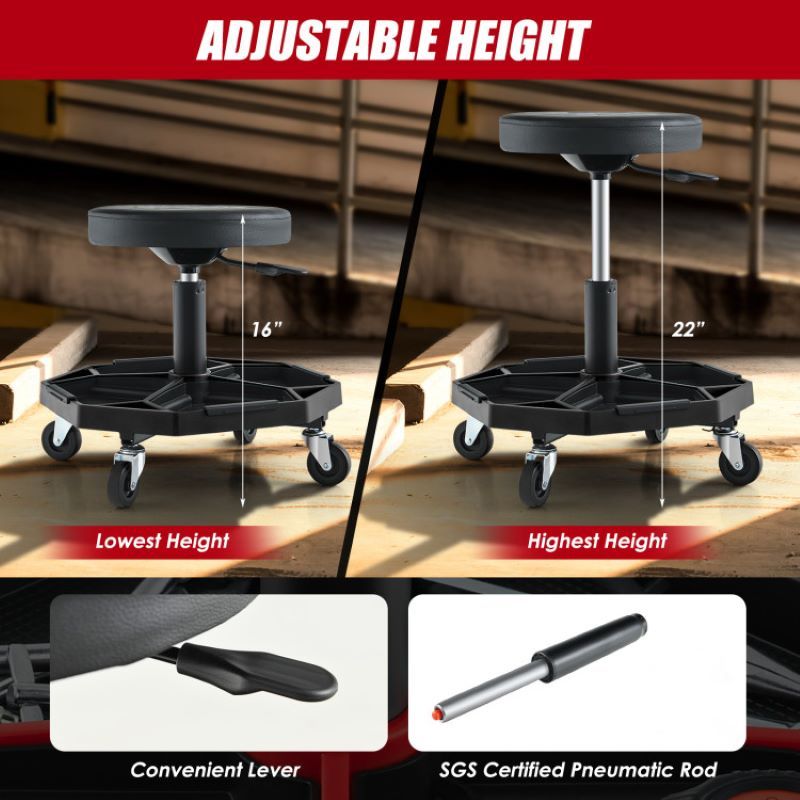Adjustable Rolling Mechanic Stool with Padded Seat