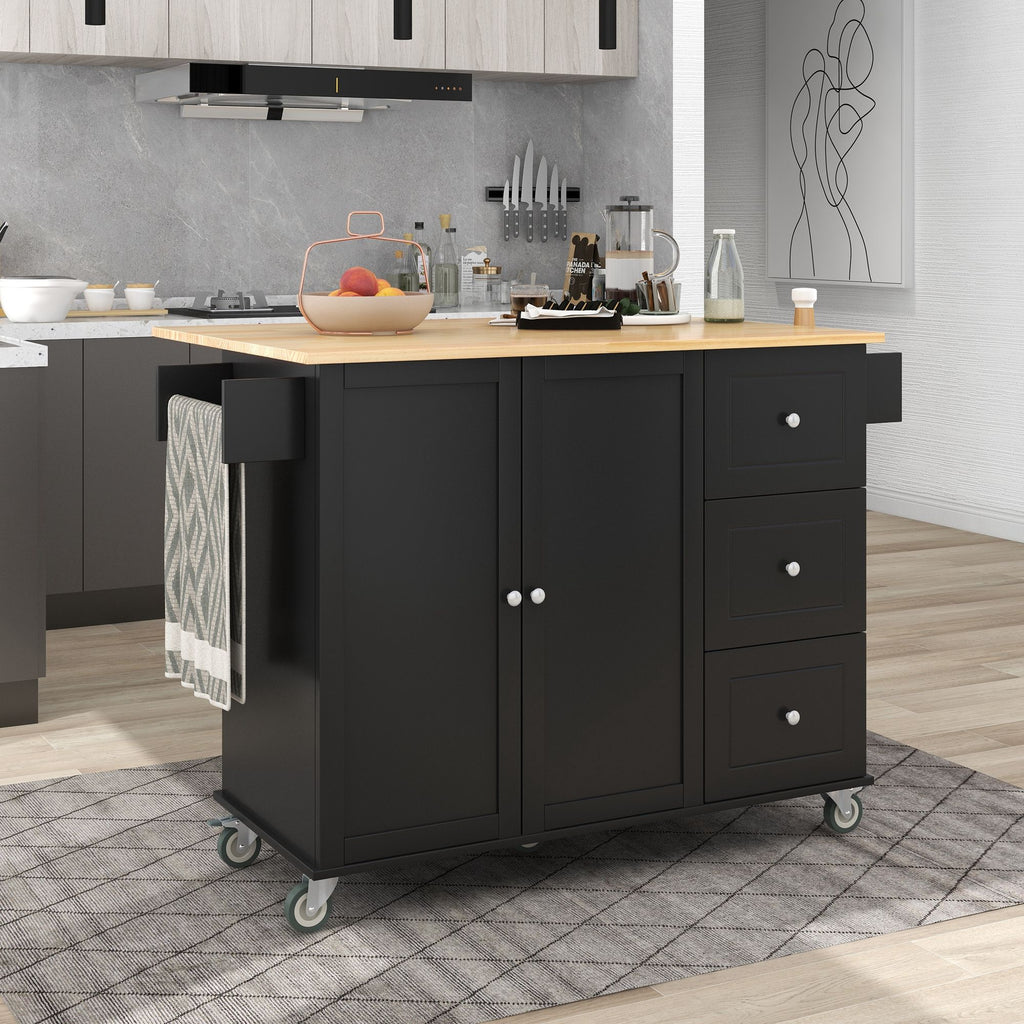 Rolling Kitchen Island with Solid Wood Top and Drop Leaf Breakfast Bar