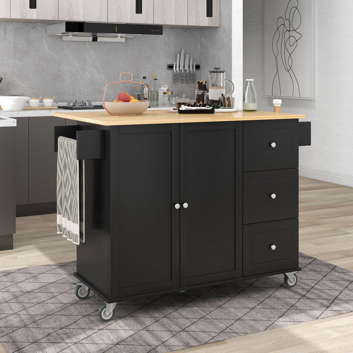Rolling Kitchen Island with Solid Wood Top and Drop Leaf Breakfast Bar
