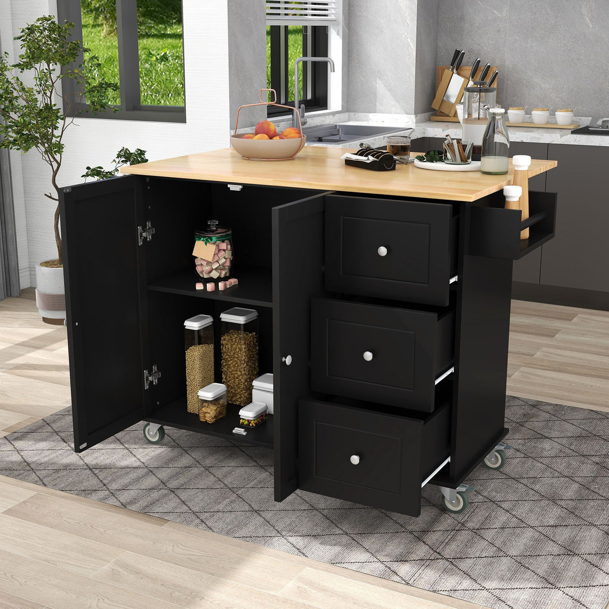 Rolling Kitchen Island with Solid Wood Top and Drop Leaf Breakfast Bar