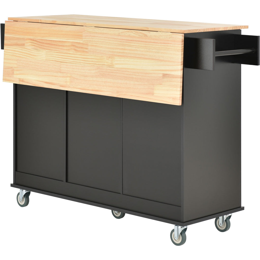 Rolling Kitchen Island with Solid Wood Top and Drop Leaf Breakfast Bar