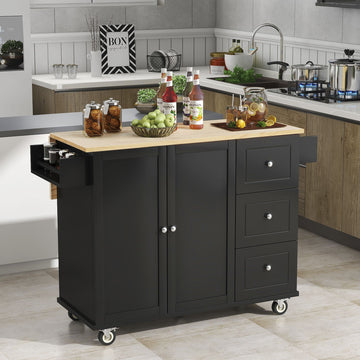 Rolling Kitchen Island with Solid Wood Top and Drop Leaf Breakfast Bar