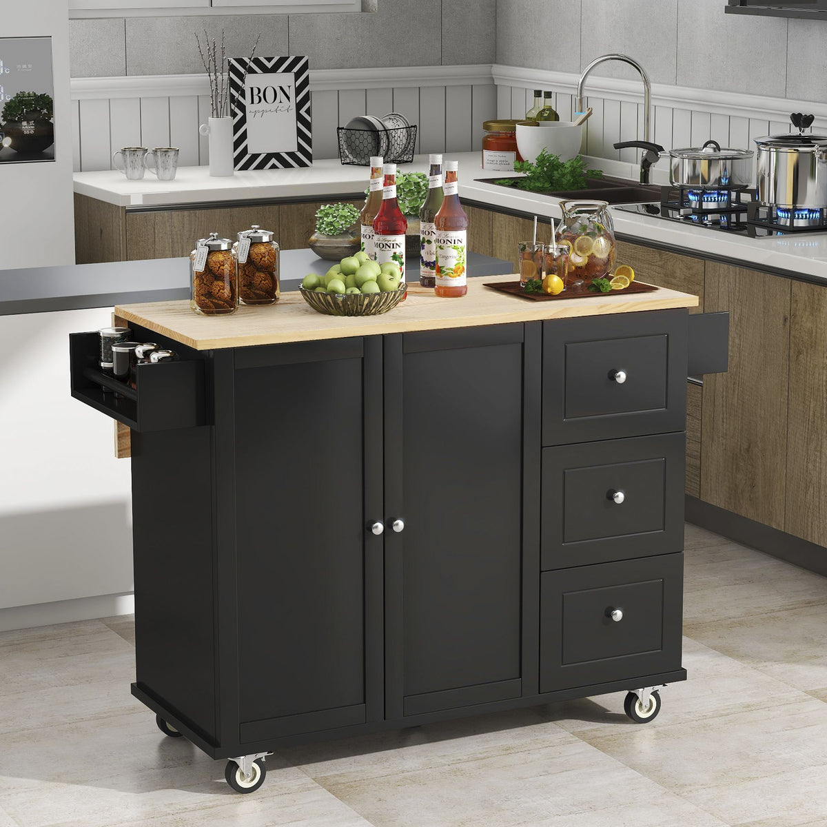 Rolling Kitchen Island with Solid Wood Top and Drop Leaf Breakfast Bar