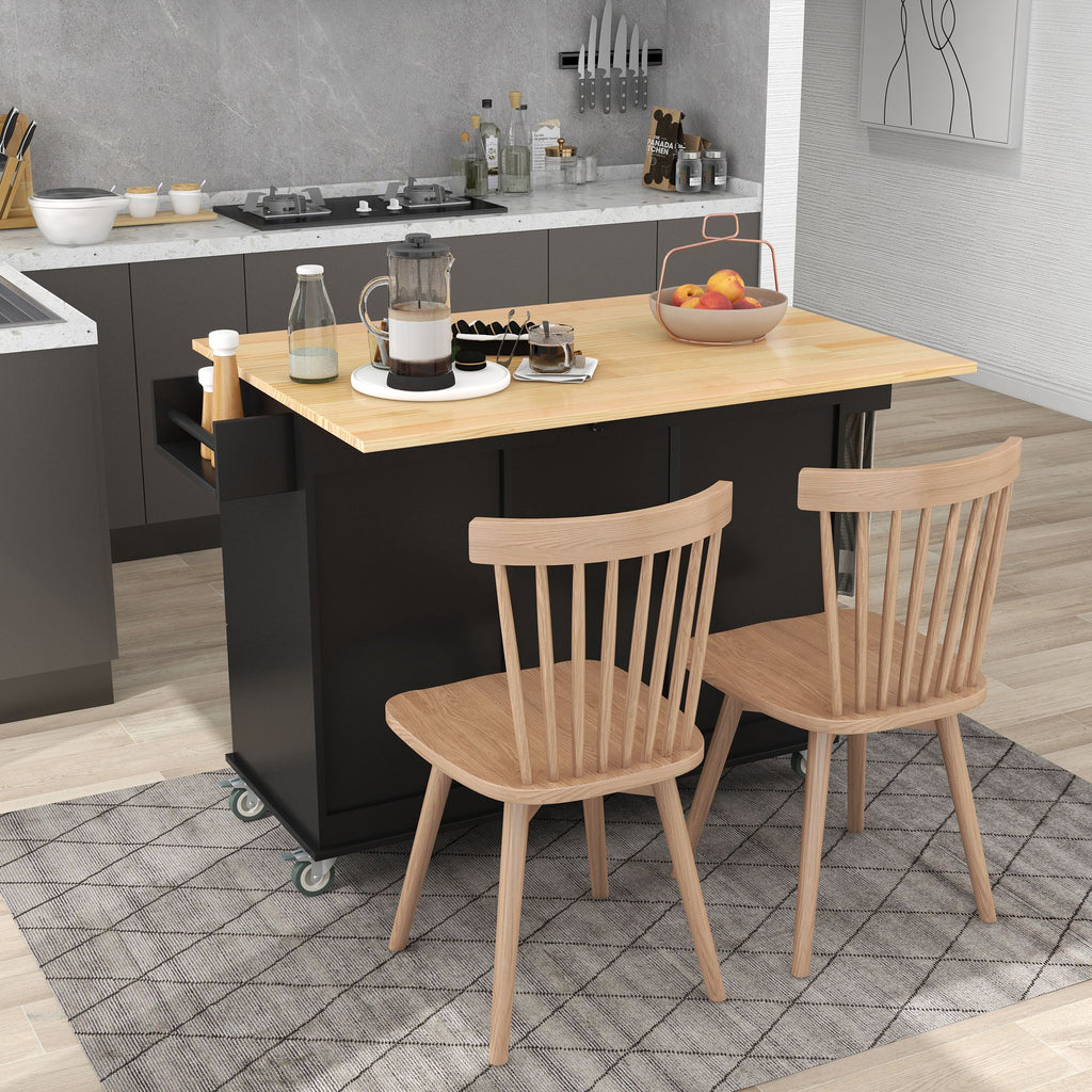 Rolling Kitchen Island with Solid Wood Top and Drop Leaf Breakfast Bar