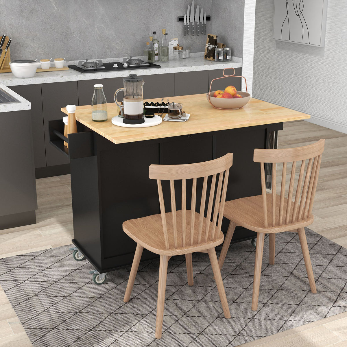 Rolling Kitchen Island with Solid Wood Top and Drop Leaf Breakfast Bar