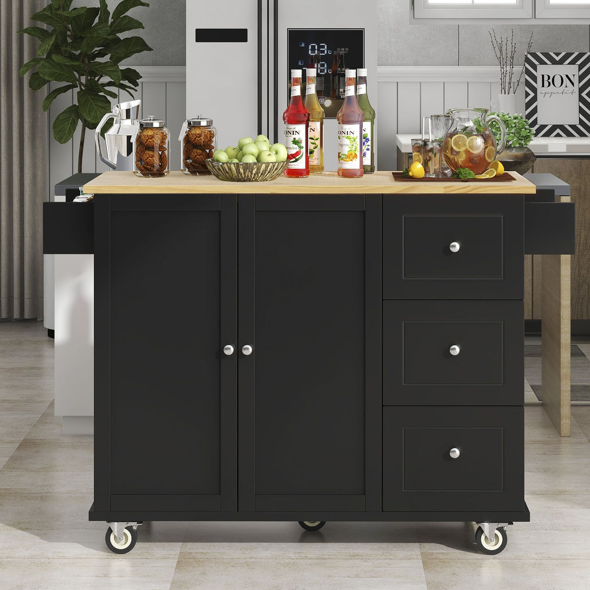 Rolling Kitchen Island with Solid Wood Top and Drop Leaf Breakfast Bar