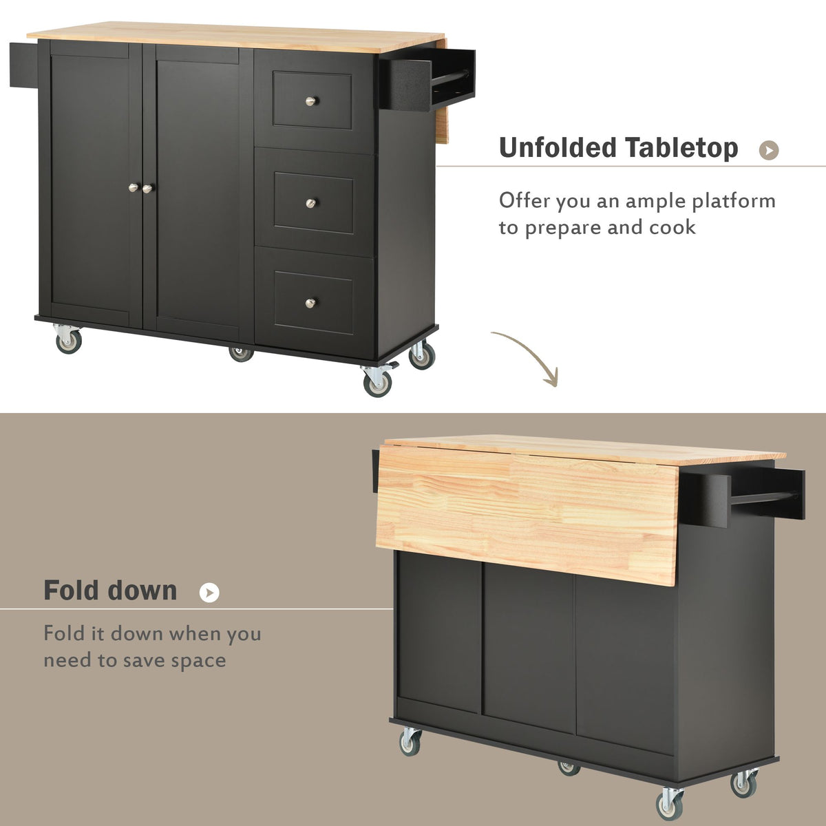 Rolling Kitchen Island with Solid Wood Top and Drop Leaf Breakfast Bar