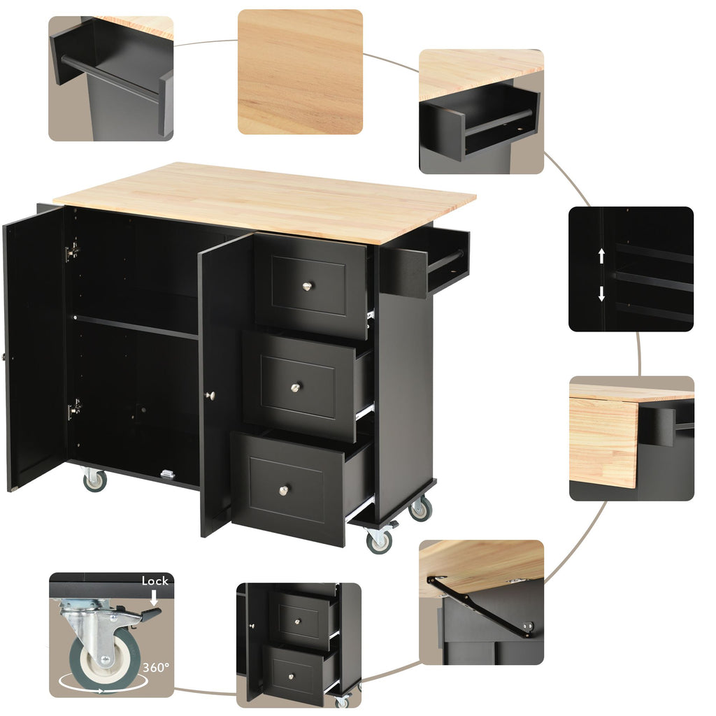 Rolling Kitchen Island with Solid Wood Top and Drop Leaf Breakfast Bar