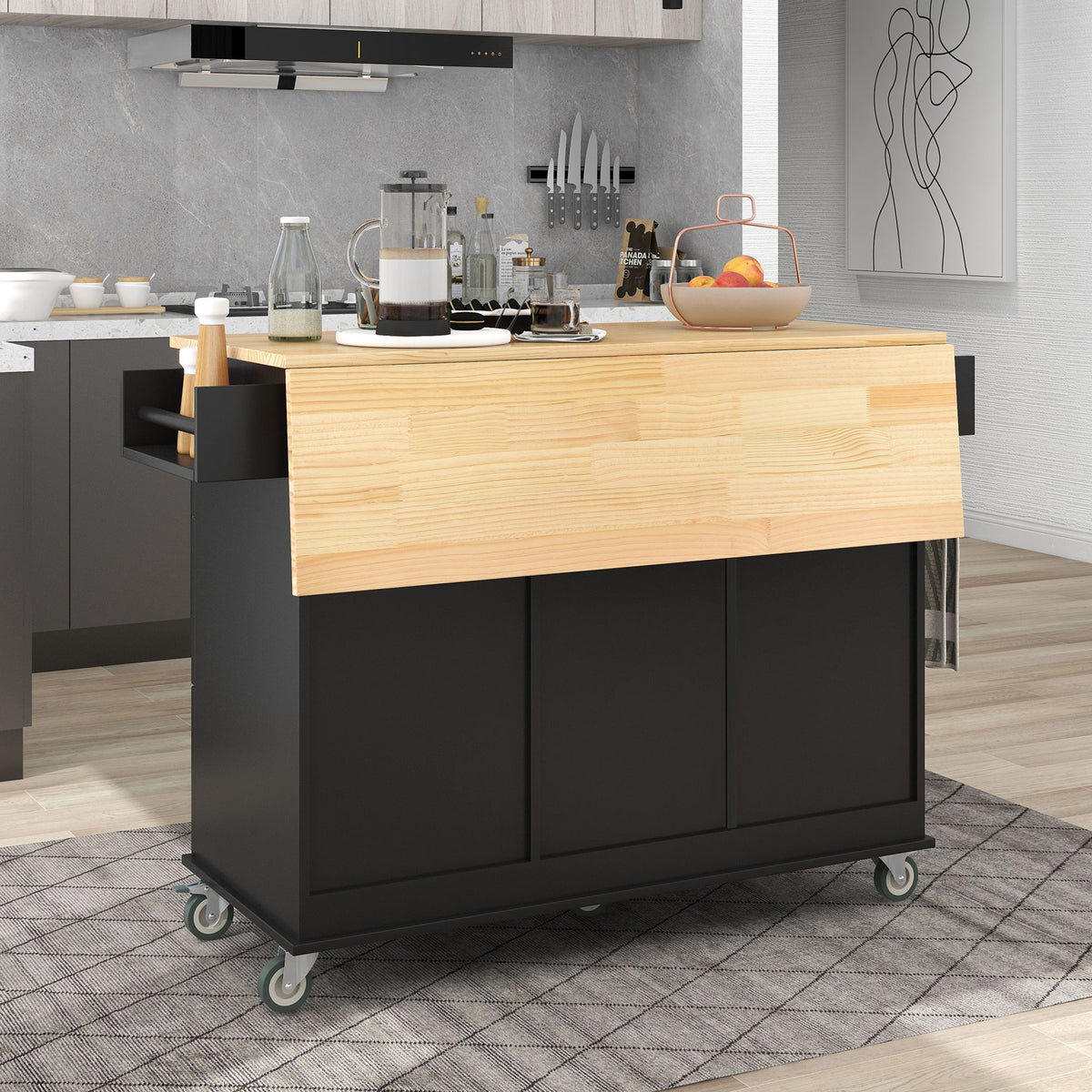 Rolling Kitchen Island with Solid Wood Top and Drop Leaf Breakfast Bar