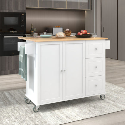 Rolling Mobile Kitchen Island with Solid Wood Top and Drop Leaf Breakfast Bar