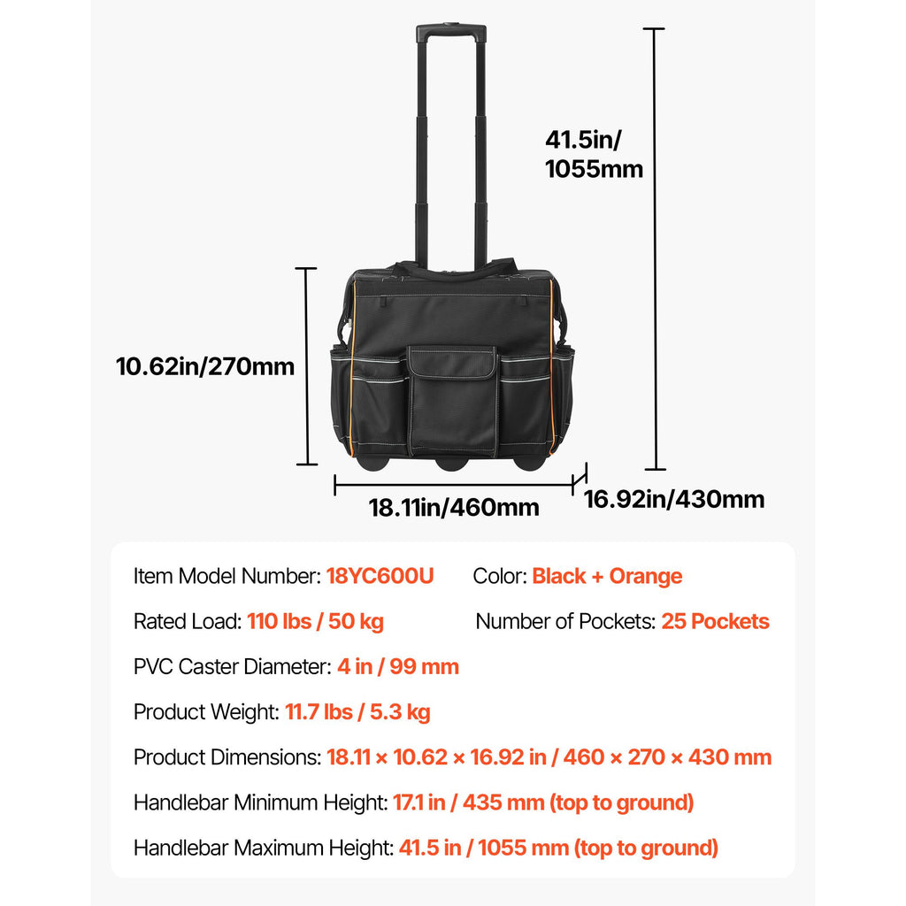 practical Rolling Tool Bag with 25 Pockets and Smooth Mobility