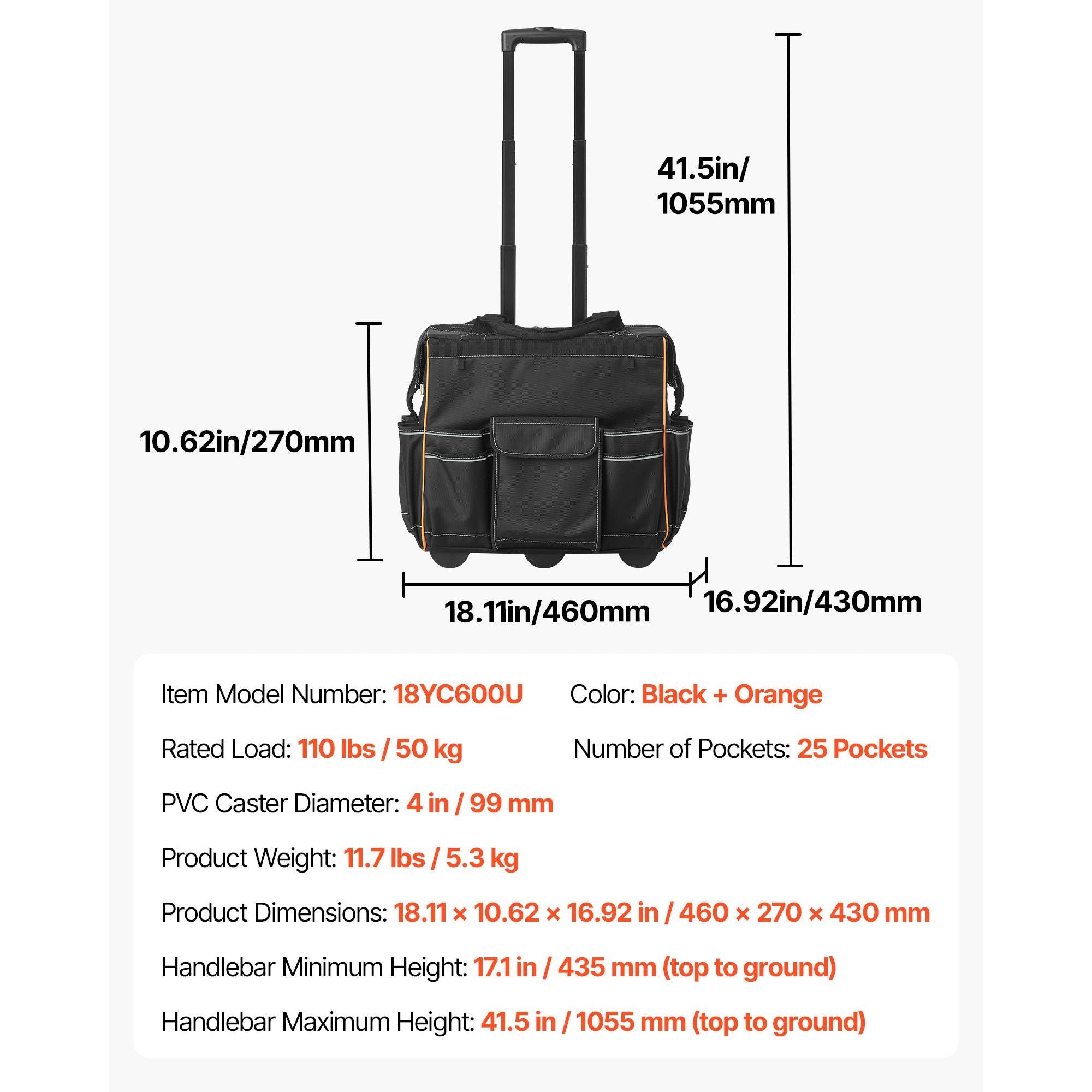 practical Rolling Tool Bag with 25 Pockets and Smooth Mobility
