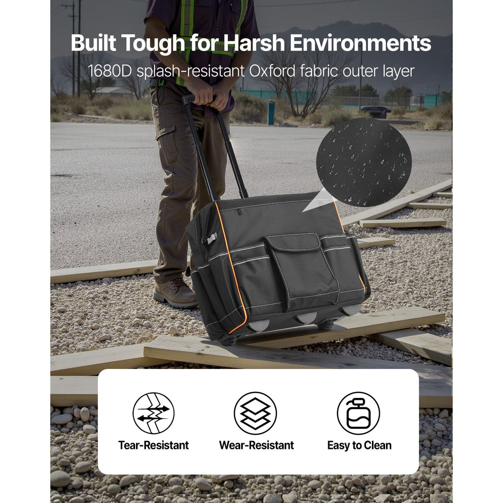 practical Rolling Tool Bag with 25 Pockets and Smooth Mobility