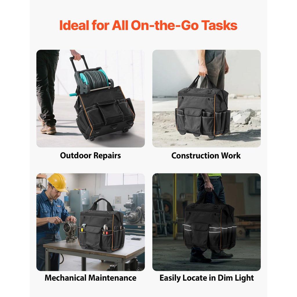 practical Rolling Tool Bag with 25 Pockets and Smooth Mobility