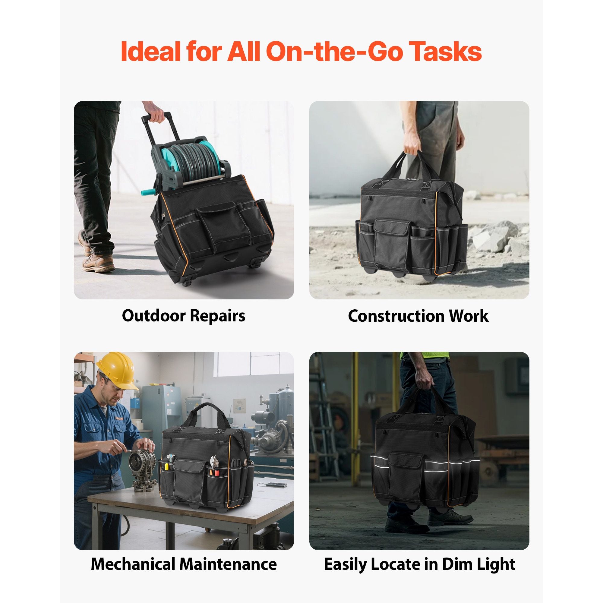 practical Rolling Tool Bag with 25 Pockets and Smooth Mobility
