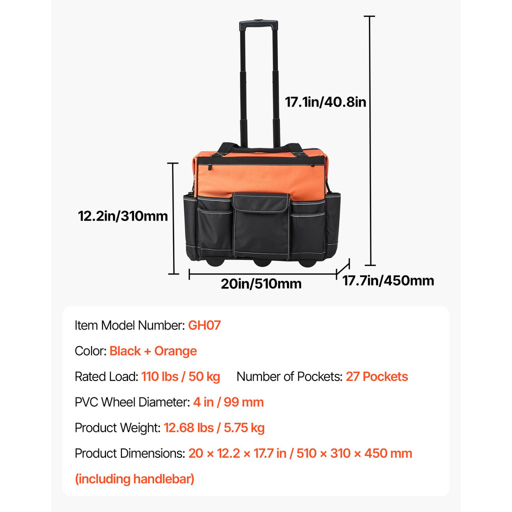 Rolling Tool Bag with Capacity, 27 Pockets, everyday and Stable
